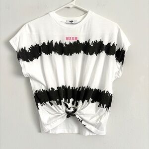MSGM Kids White and Black Short Sleeve Tie Front Cotton T-Shirt Girls Size 14